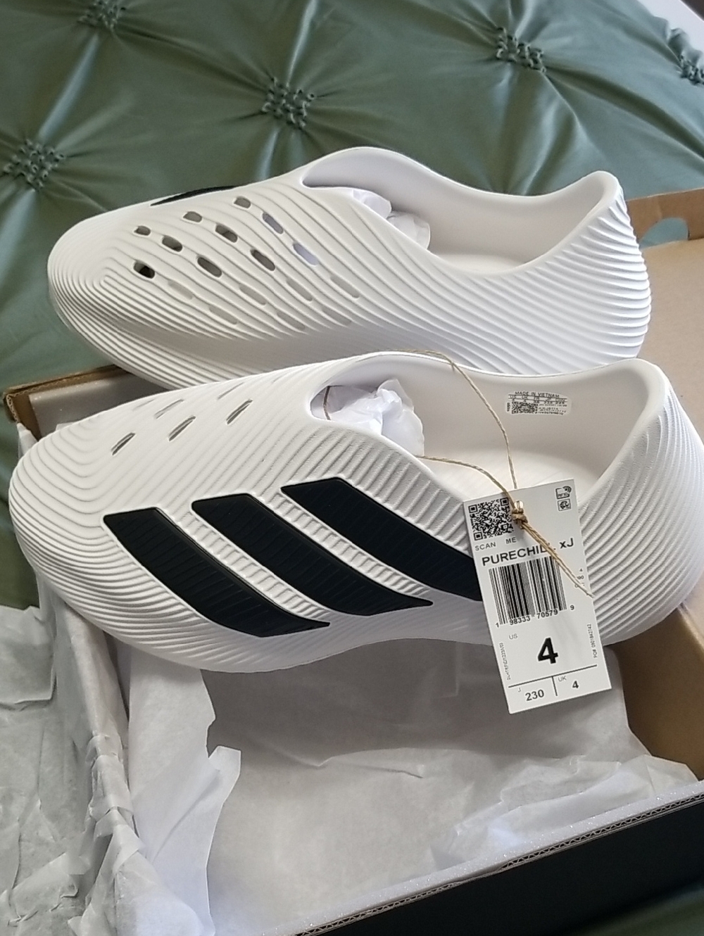 adidas White Slip-On Clogs with Black Three-Stripes